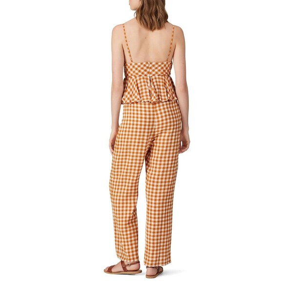 SAYLOR XS Laken Gingham Jumpsuit In Apricot Peplum Top V-Neck Ruffle Knot Front - Picture 3 of 16